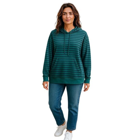LUUKSE Green Blue Stripes Drawstring Hood Kangaroo Pocket Hoodie Womens 1X - Picture 1 of 7